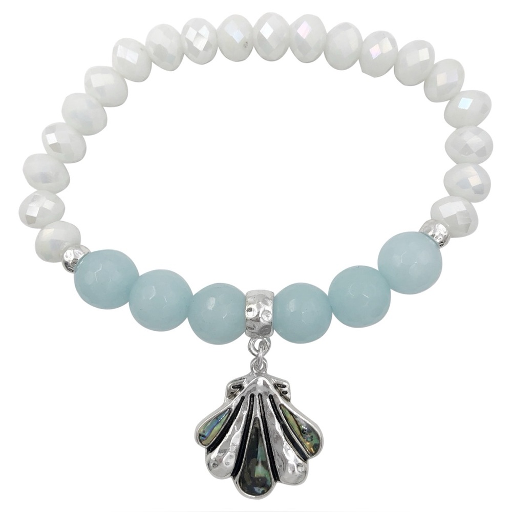 Stone & Glass Abalone Inlay Clam Shell Charm Stretch Bracelet